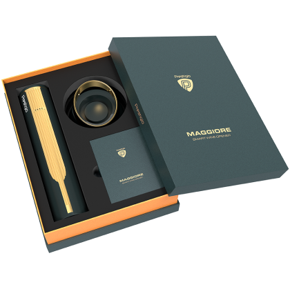 Prestigio Maggiore, smart wine opener, 100% automatic, opens up to 70 bottles without recharging, foil cutter included, premium design, 480mAh battery, Dimensions D 48*H228mm, black + gold color.