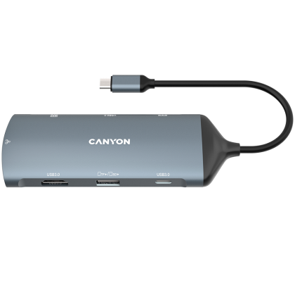 CANYON DS-15, 8 in 1 hub, with 1*HDMI,1*Gigabit Ethernet,1*USB C female:PD3.0 support max60W,1*USB C male:PD3.0 support max100W,2*USB3.1: support max 5Gbps,1*USB2.0:support max 480Mbps, 1*SD, cable 15cm, Aluminum alloy housing,133.24*48.7*15.3mm,Dark