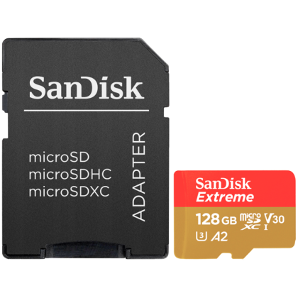 SanDisk Extreme microSDXC 128GB + SD Adapter + 1 year RescuePRO Deluxe up to 190MB/s & 90MB/s Read/Write speeds A2 C10 V30 UHS-I U3, EAN: 619659188450