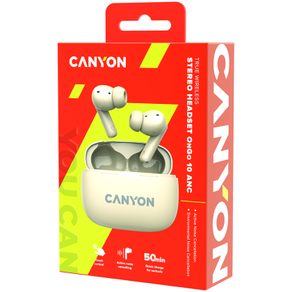 CANYON OnGo TWS-10 ANC+ENC, Bluetooth Headset, microphone, BT v5.3 BT8922F, Frequency Response:20Hz-20kHz, battery Earbud 40mAh*2+Charging case 500mAH, type-C cable length 24cm, size 63.97*47.47*26.5 mm 42.5g, Beige