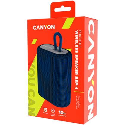 CANYON BSP-4, difuzor Bluetooth, BT V5.0, BLUETRUM AB5365A, suport card TF, port USB tip C, baterie polimer de 1200 mAh, albastru, lungime cablu 0,42 m, 114*93*51 mm, 0,29 kg