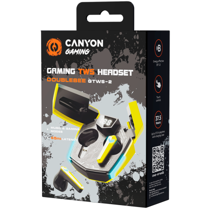 CANYON GTWS-2, Gaming True Wireless Headset, BT 5.3 stereo, 45ms low latency, 37.5 hours, USB-C, 0.046kg, yellow