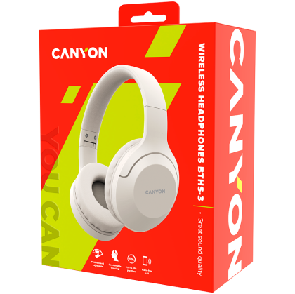 CANYON BTHS-3, Bluetooth headset,with microphone, BT V5.1 JL6956, battery 300mAh, Type-C charging plug, PU material, size:168*190*78mm, charging cable 30cm and audio cable 100cm, Beige