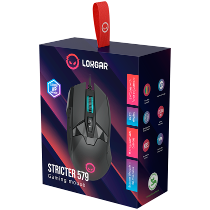 LORGAR Stricter 579, gaming mouse, 9 programmable buttons, Pixart PMW3336 sensor, DPI up to 12,000, 50 million clicks buttons lifespan, 2 switches, built-in display, 1.8m USB soft silicone cable, Matt UV coating with glossy parts and RGB lights with 4 LED