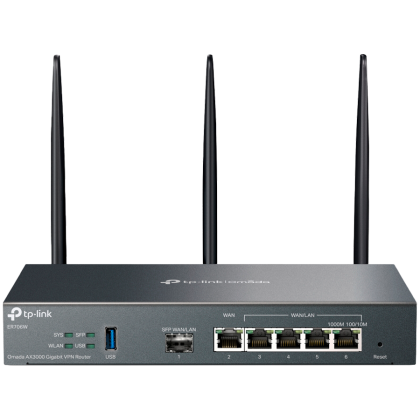 TP-Link ER706W Omada AX3000 Wi-Fi 6 Gigabit VPN Router, 1× Gigabit SFP WAN/LAN Port, 1× Gigabit RJ45 WAN Port, 4× Gigabit WAN/LAN RJ45 Ports, 1× USB 3.0, 574Mbps at 2.4 GHz + 2402 Mbps at 5 GHz (HE160), Integration with Omada SDN, SSL VPN, OpenVP