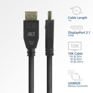 ACT Cable Display port 2.1 male-male, 8K@60Hz, 4k@240Hz, 1m, black
