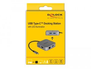 Докинг станция Delock, USB-A, USB-C, HDMI, Gigabit LAN, PD, Подсветка, Сива