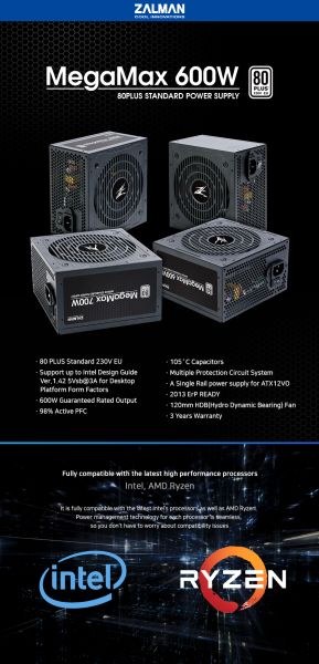Zalman güç kaynağı PSU MegaMax 600W 80+ ZM600-TXII