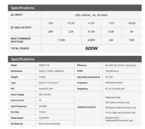 Zalman güç kaynağı PSU MegaMax 500W 80+ ZM500-TXII
