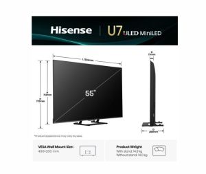 TV Hisense 55" U7Q, 4K Ultra HD 3840x2160, ULED, FALD, Quantum Dot, 144Hz, IPS, HDR 10+, HLG, Dolby Vision IQ, Dolby Atmos, Smart TV, WiFi 5GHz, WiFi Direct, BT, Anyview Cast, 4xHDMI, 2xUSB, LAN, CI+, DVB-T2/C/S2, Black