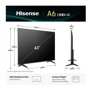 TV Hisense 43" A6Q, 4K Ultra HD 3840x2160, DLED, DFA, Precision Color, HDR 10+, HLG, Dolby Vision, Light sensor, Smart TV, WiFi, BT, AnyView Cast, Gaming Mode, 1xHDMI2 eArc, 3xHDMI, 2xUSB, LAN, CI+, DVB-T2/C/S2, Black