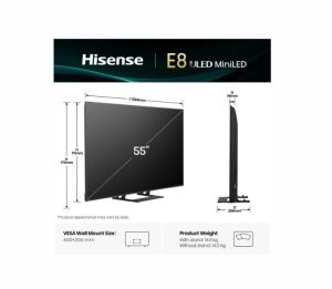 TV Hisense 55" E8Q, 4K Ultra HD 3840x2160, ULED, Quantum Dot, 144 Hz, HDR 10+, HLG, Dolby Vision, DTS Virtual X, Smart TV, WiFi, Light Sensor, BT, Anyview Cast, 4xHDMI, 2xUSB, LAN, CI+, DVB-T2/C/S2, Singale Stand, Black