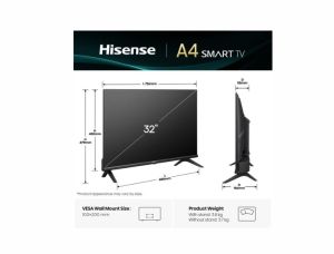 TV Hisense 32" A4Q, HD 1366x768, 3000:1, DLED, HLG, DTS Virtual X, Smart TV, WiFi, WiFi Direct, BT, VIDAA U7, Anyview Cast, 2xHDMI, 2xUSB, LAN, CI+, DVB-T2/C/S2, Black