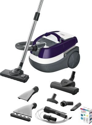 Bosch BWD41740 vacuum cleaner, 3in1 vacuum cleaner for dry and wet cleaning, 2.5 lt dust container, 1700 W, EPA 10 primary filter, 9 m radius, liquid pick-up nozzles, water tank: 5 l, aubergine-white-grey