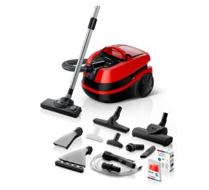 Bosch BWD421PET vacuum cleaner, 3in1 vacuum cleaner for dry and wet cleaning, 2.5 lt dust container, 2100 W, HEPA H13, 12 m radius, liquid pick-up nozzles, parquet brush, turbo brush, mattress brush, water tank: 5 l, tornado red-black