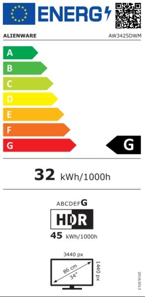 Монитор Dell Alienware AW3425DWM, 34" Curved WQHD LED AG 21:9, VA, 1ms GTG, 3000:1, 400 cd/m2, 3440x1440, 180 Hz, 95% DCI-P3, HDR, VRR, AMD FreeSync, VESA AdaptiveSync, HDMI, DP, USB 5Gbps, PIP, PBP, Height Adjustable, Pivot, Tilt, Black