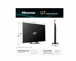 Телевизор Hisense 50" U7Q, 4K Ultra HD 3840x2160, ULED, FALD, Quantum Dot, 144Hz, IPS, HDR 10+, HLG, Dolby Vision IQ, Dolby Atmos, Smart TV, WiFi 5GHz, WiFi Direct, BT, Anyview Cast, 4xHDMI, 2xUSB, LAN, CI+, DVB-T2/C/S2, Black