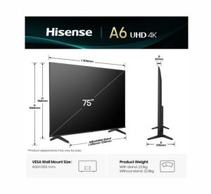 TV Hisense 75" A6Q, 4K Ultra HD 3840x2160, DLED, DFA, Precision Color, HDR 10+, HLG, Dolby Vision, Light sensor, Smart TV, WiFi, BT, AnyView Cast, Gaming Mode, 1xHDMI2 eArc, 3xHDMI, 2xUSB, LAN, CI+, DVB-T2/C/S2, Black