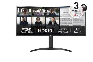 Monitor LG 34WR55QK-B 34" UltraWide AG , Curved 21:9 VA Panel, 5ms, 3000:1, 300 cd/m2, WQHD 3440x1440, HDR10, sRGB 99% , USB type-C 65W , 100Hz, HDMI, DisplayPort, PBP, Height Adjustable, Tilt, Reader Mode, Headphone Out, Black