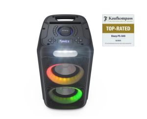 Loudspeakers Sharp Speakers PS-949, XPARTY STREET BEAT 2 x 8" woofers + horn tweeter, max power output 132 W, 12 h play time by built in battery, True wireless Stereo, USB Music playback and charging, DJ FX, BT 5.0, 2 x Mic/Guitar inputs, Splashproof (IPX