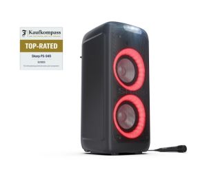 Loudspeakers Sharp Speakers PS-949, XPARTY STREET BEAT 2 x 8" woofers + horn tweeter, max power output 132 W, 12 h play time by built in battery, True wireless Stereo, USB Music playback and charging, DJ FX, BT 5.0, 2 x Mic/Guitar inputs, Splashproof (IPX