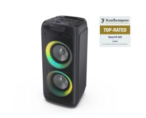 Loudspeakers Sharp Speakers PS-949, XPARTY STREET BEAT 2 x 8" woofers + horn tweeter, max power output 132 W, 12 h play time by built in battery, True wireless Stereo, USB Music playback and charging, DJ FX, BT 5.0, 2 x Mic/Guitar inputs, Splashproof (IPX