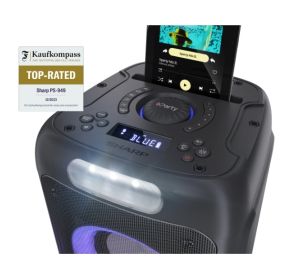 Loudspeakers Sharp Speakers PS-949, XPARTY STREET BEAT 2 x 8" woofers + horn tweeter, max power output 132 W, 12 h play time by built in battery, True wireless Stereo, USB Music playback and charging, DJ FX, BT 5.0, 2 x Mic/Guitar inputs, Splashproof (IPX