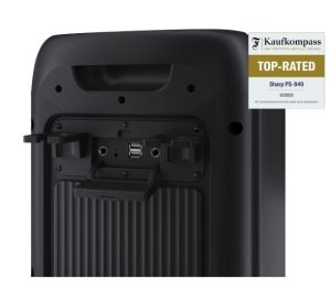 Loudspeakers Sharp Speakers PS-949, XPARTY STREET BEAT 2 x 8" woofers + horn tweeter, max power output 132 W, 12 h play time by built in battery, True wireless Stereo, USB Music playback and charging, DJ FX, BT 5.0, 2 x Mic/Guitar inputs, Splashproof (IPX