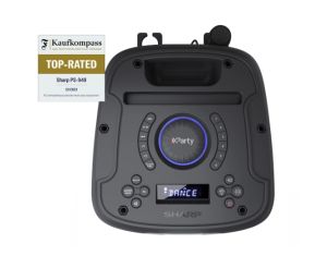 Loudspeakers Sharp Speakers PS-949, XPARTY STREET BEAT 2 x 8" woofers + horn tweeter, max power output 132 W, 12 h play time by built in battery, True wireless Stereo, USB Music playback and charging, DJ FX, BT 5.0, 2 x Mic/Guitar inputs, Splashproof (IPX