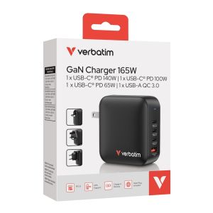 Verbatim Mini GaN Charger 165W 4 Port US plug with EU and UK adaptors