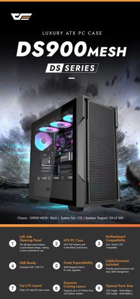 Darkflash Case ATX - DS900 Mesh Black - 4 x 120 mm A-RGB fans included