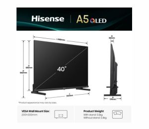 TV Hisense 40" A5Q, Full HD 1920x1080, QLED, Quantum Dot, HDR, HLG, DTS HD, Light Sensor, Dolby Audio, Smart TV, WiFi, WiFi Direct, 2xHDMI, 2xUSB, LAN, CI+, DVB-T2/C/S2, Black