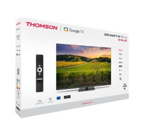 Television Thomson Smart QLED TV 43"; Google TV; 3840 x 2160 (4K UHD), 4000:1, QLED, 60 Hz, DVB-T/T2/C/S/S2, HDR10, Hotel mode, Wi-Fi, Bluetooth, LAN, HDMI 2 (2.0) + 2 (2.1), USB 2 (2.0) + 1 (3.0), Central Swivel Stand, Dark gray
