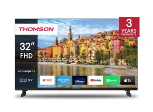 Television Thomson Smart FHD TV 32"; Google TV; 1920 x 1080 (FHD), DLED, 60 Hz, DVB-T/T2/C/S/S2, Wi-Fi, Bluetooth, LAN, HDMI 3 (1.4), USB 2 (2.0), 12 Volt adapter included, Side Feet, Black