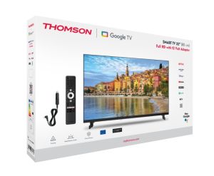 Television Thomson Smart FHD TV 32"; Google TV; 1920 x 1080 (FHD), DLED, 60 Hz, DVB-T/T2/C/S/S2, Wi-Fi, Bluetooth, LAN, HDMI 3 (1.4), USB 2 (2.0), 12 Volt adapter included, Side Feet, Black