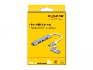 Delock 4 Port Slim USB Hub with USB-C or USB-A to 3 x USB-A 2.0 female + 1 x USB-A 5 Gbps female