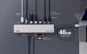 ATEN Докинг 11-in-1 USB-C Multiport Dock + Power Pass-Through, 2 x HDMI, LAN,3.5mm, USB-C, SD Card , microSD, 3 x USB 3.2