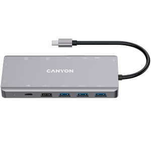 CANYON DS-12, 13 in 1 USB C hub, with 2*HDMI, 3*USB3.0: support max. 5Gbps, 1*USB2.0: support max. 480Mbps, 1*PD: support max 100W PD, 1*VGA,1* Type C data, 1*Glgabit Ethernet, 1*3.5mm audio jack, cable 15cm, Aluminum alloy housing,130*57.5*15 mm, Dark gr