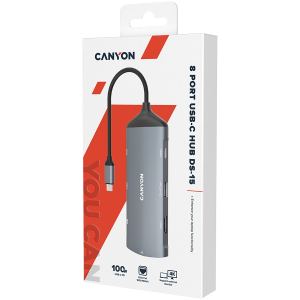 CANYON DS-15, 8 in 1 hub, with 1*HDMI,1*Gigabit Ethernet,1*USB C female:PD3.0 support max60W,1*USB C male:PD3.0 support max100W,2*USB3.1: support max 5Gbps,1*USB2.0:support max 480Mbps, 1*SD, cable 15cm, Aluminum alloy housing,133.24*48.7*15.3mm,Dark