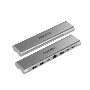 Canyon Laptop stands with hub, TYPE C F to HDMI2.0+2USB3.0+USBC3.0+RJ45+PD, TYEP C TO C cable 1m white with Emarker: HUSB332A, Material: Aluminum case+ABS+PS, Size: 245x240x27.2+/-0.3mm, Weight:1304g