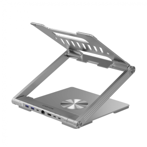 Canyon Laptop stands with hub, TYPE C F to HDMI2.0+2USB3.0+USBC3.0+RJ45+PD, TYEP C TO C cable 1m white with Emarker: HUSB332A, Material: Aluminum case+ABS+PS, Size: 245x240x27.2+/-0.3mm, Weight:1304g