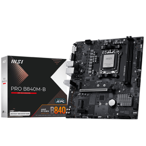 MSI PRO B840M-B, mATX, Socket AM5, 2x DDR5 Dual Channel DDR5 up to 8000(OC)MHz, 1x PCIe x16 slot, 2x M.2 slot, 2x USB 2.0, 4x USB 5Gbps, HDMI, VGA, 7.1 HD Audio, 2.5G LAN, 3Y