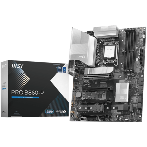 MSI PRO B860-P, ATX, LGA 1851, 4x DDR5 Dual Channel DDR5 up to 8600(OC)MHz, 4x PCIe x16 slot, 3x M.2 slot, 4x USB 2.0, 2x USB 5Gbps, 2x USB 10Gbps, 1x USB 40Gbps Type-C, HDMI, DP, 7.1 HD Audio, 5G LAN, 3Y