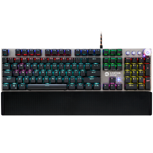 CANYON Nightfall GK-7, Wired Gaming Keyboard,Black 104 mechanical switches,60 million times key life, 22 types of lights,Removable magnetic wrist rest,4 Multifunctional control knob,Trigger actuation 1.5mm,1.6m Braided cable,US layout,dark grey, size:435*