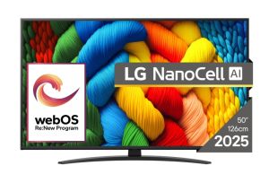 Телевизор LG 50NANO81A3A, 50" 4K HDR Smart Nano Cell TV, 3840x2160, DVB-T2/C/S2, AI Alpha 7, HDR 10 PRO, webOS 25, ThinQ AI, VRR, ALLM, HGiG, WiFi, Clear Voice, AI Upscaling, Bluetooth, Hdmi e-ARC , CI, LAN, AirPlay2, Chromecast, 2 Pole stand, Black