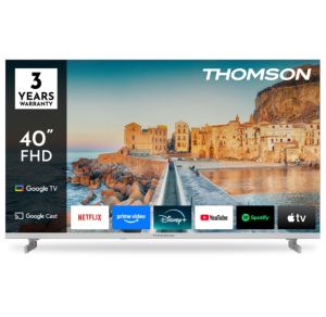 Телевизор Thomson 40" FHD Google TV; 1920 x 1080 (FHD), DLED, 60 Hz, HDR10, Dolby Audio, Google Cast, DVB-T/T2/C/S/S2, Wi-Fi, Bluetooth, LAN, HDMI 3 (1.4), USB 2 (2.0), Hotel mode, Side Feet, White