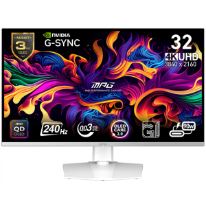 MSI MPG 321URXW QD-OLED Gaming Monitor, 31.5" 240Hz, UHD (3840x2160) 16:9, QD-OLED, 0.03ms, 250nits, 1500000:1, 178/178, G-Sync Compatible, Adjustable Stand, 1x DP, 2x HDMI, 1x Type-C, 1x Headphone out, USB Hub, White, 3Y Warranty