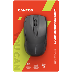 CANYON MW-7, 2.4Ghz wireless mouse, 6 buttons, DPI 800/1200/1600, with 1 AA battery, size 110*60*37mm, 58g, black