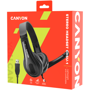 CANYON CHSU-1, basic PC headset with microphone, USB plug, leather pads, Flat cable length 2.0m, 160*60*160mm, 0.13kg, Black;