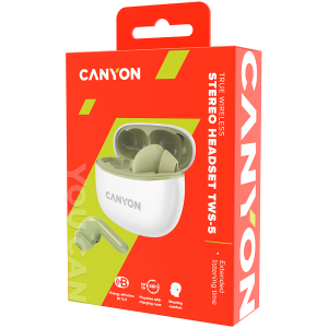 CANYON TWS-5, Bluetooth headset, with microphone, BT V5.3 JL 6983D4, Frequency Response:20Hz-20kHz, battery EarBud 40mAh*2+Charging Case 500mAh, type-C cable length 0.24m, Size: 58.5*52.91*25.5 mm, 0.036kg, Green